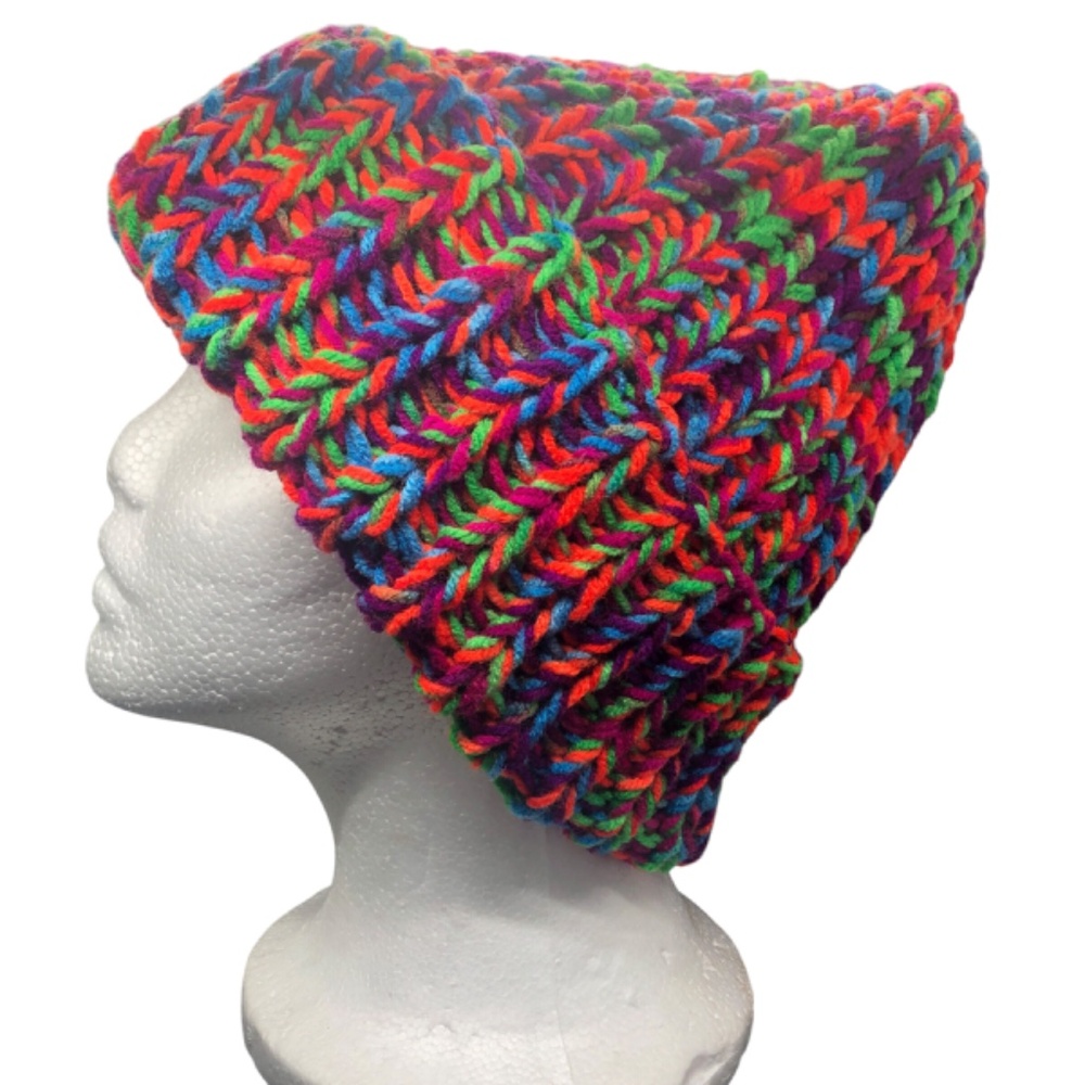 Chunky Ribbed Knit Toboggan Dark Neon Beanie Folded Brim Hat - Picture 7 of 17